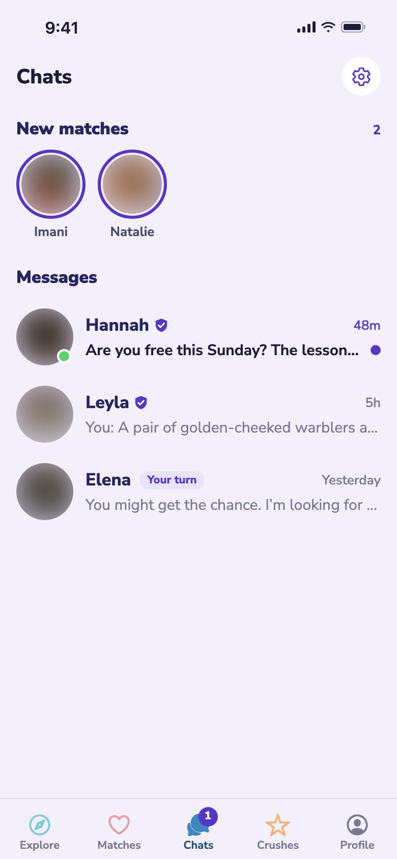 The Chats screen: new matches and conversations