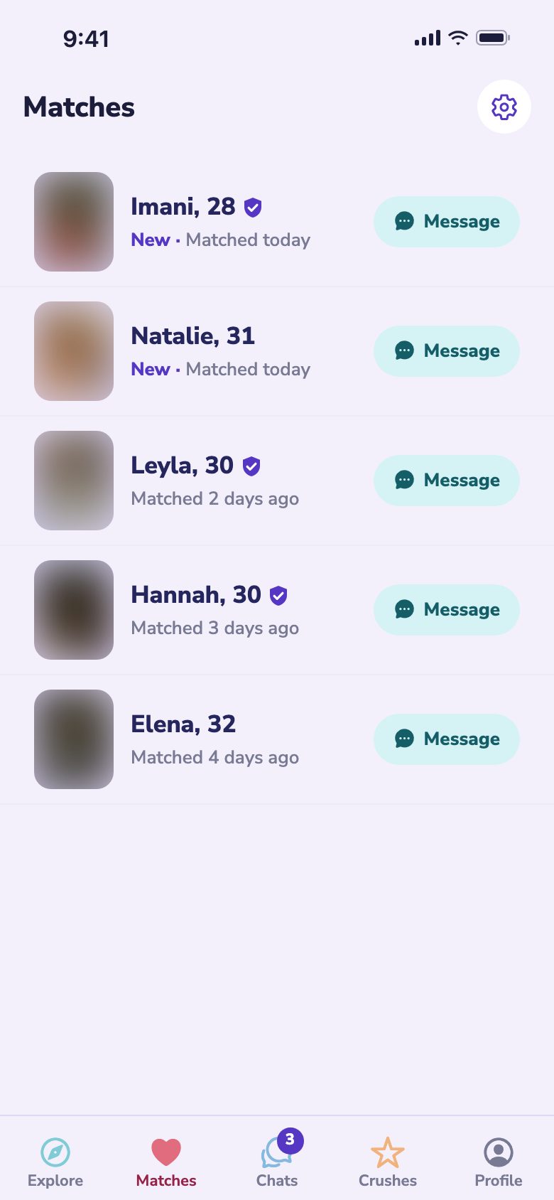 The Matches screen: everyone you matched with